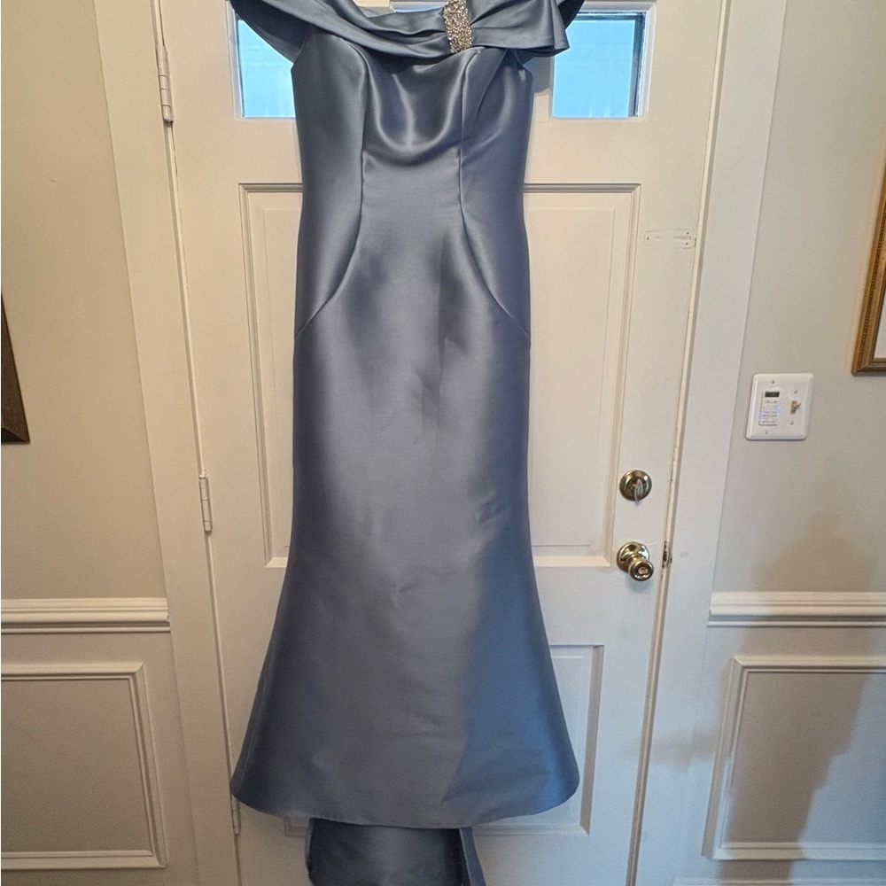 Strapless Satin Mermaid Gown in Steel Blue - Picture 2 of 7